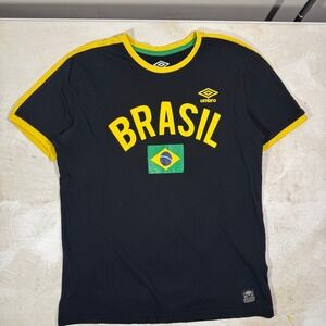 Umbro Brasil Soccer T-Shirt Mens Medium Black Yellow Ringer Brazil Flag Cotton